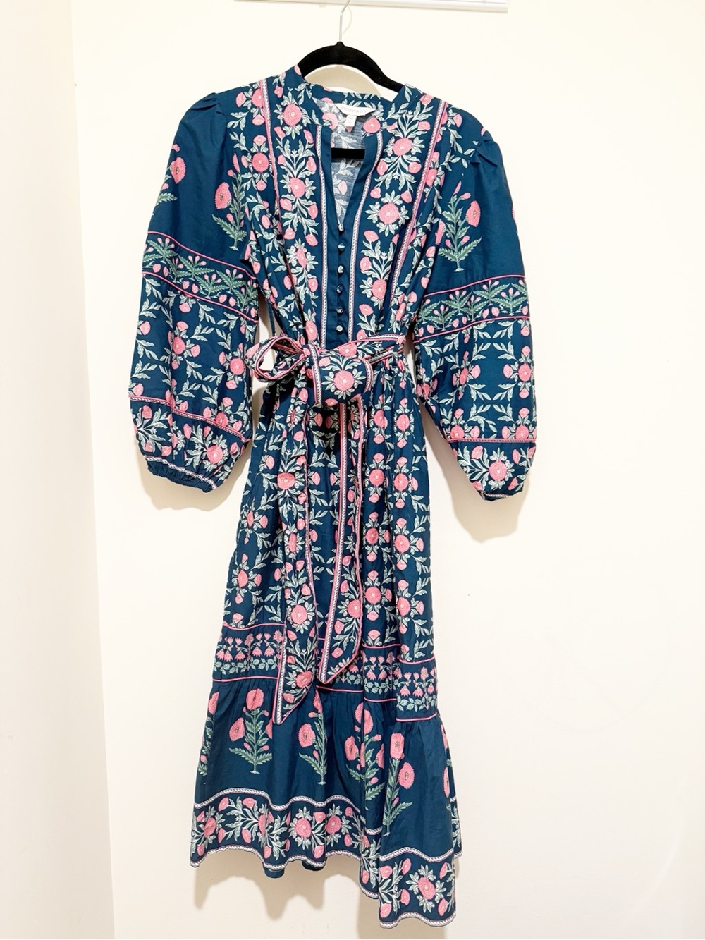 crown & ivy Teal Maxi Dress with Pink Floral Embroidery